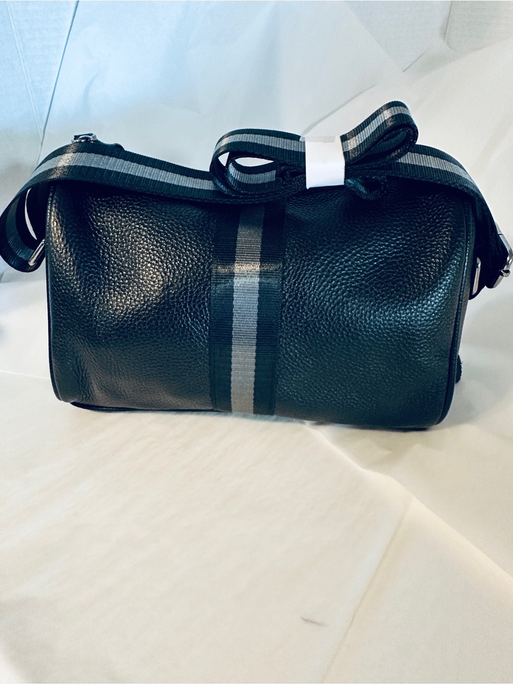 Black Pebbled Faux Leather Toiletry Kit Striped Webbing Adjustable Strap NWOT